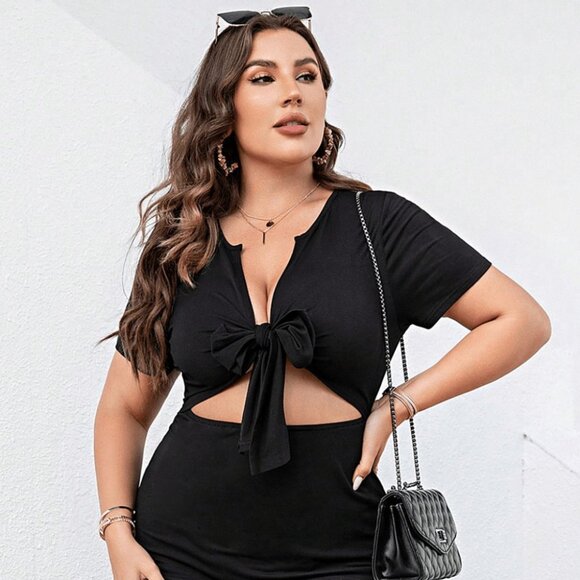 Plus Size Cutout Tie Front Short Sleeve Dress - Picture 3 of 8